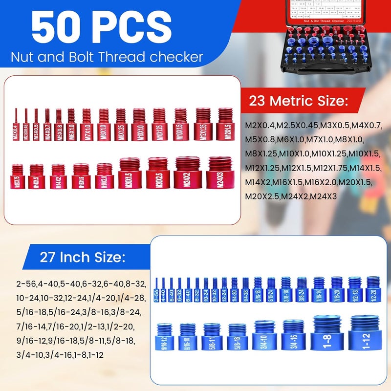Ukiupop 50PCS Thread Checker Kit – SAE & Metric Bolt Thread Checker, Nut & Bolt Size Finder Tool (27 SAE + 23 Metric) – Thread Gauge for Quickly Identifying Screw, Nut, and Bolt Sizes - Image 2